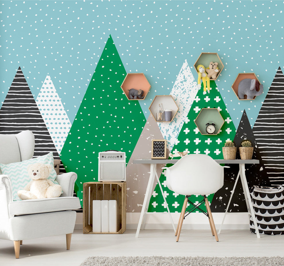 Kids Mountains Peel and Stick Vinyl Wallpaper, Green, 24"x96"