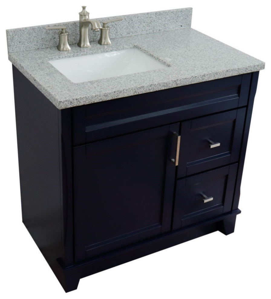 37" Single Sink Vanity, Blue Finish With Gray Granite And Left Door/Left Sink