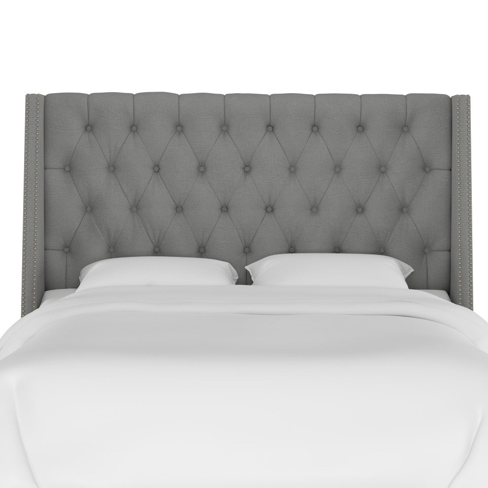 Williams King Nail Button Tufted Wingback Headboard, Linen Gray