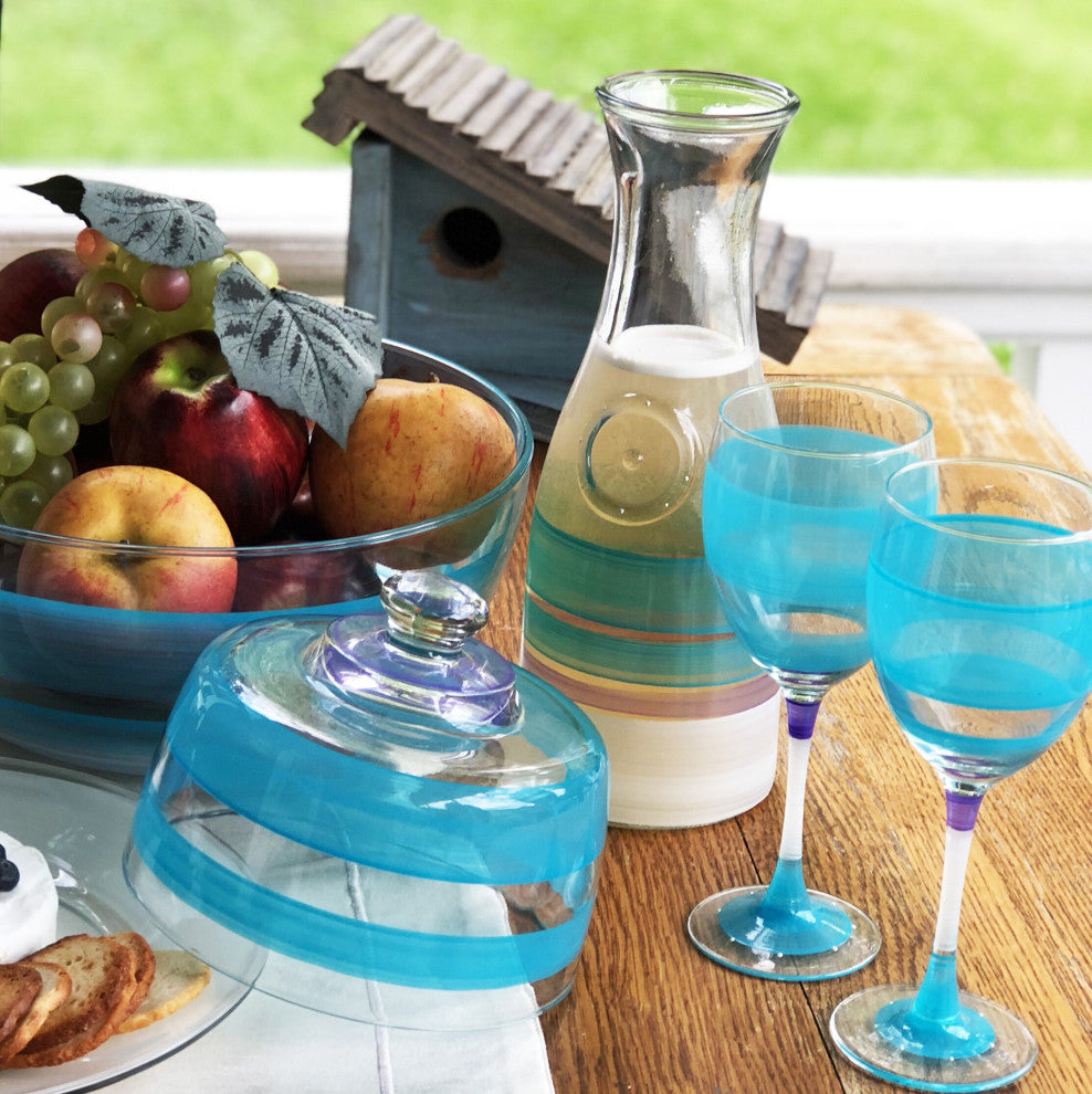 Retro Stripe Turquoise Wine Glasses, Set of 2