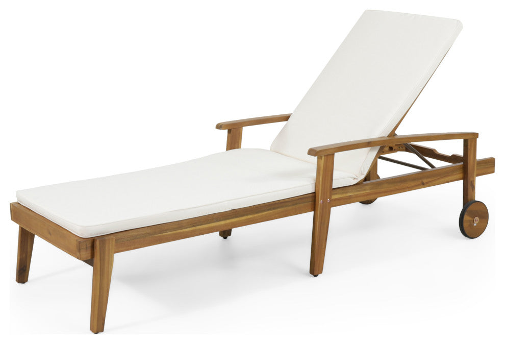 CKH Lucknow Outdoor Acacia Wood Chaise Lounge With Water Resistant Cushion, Cream