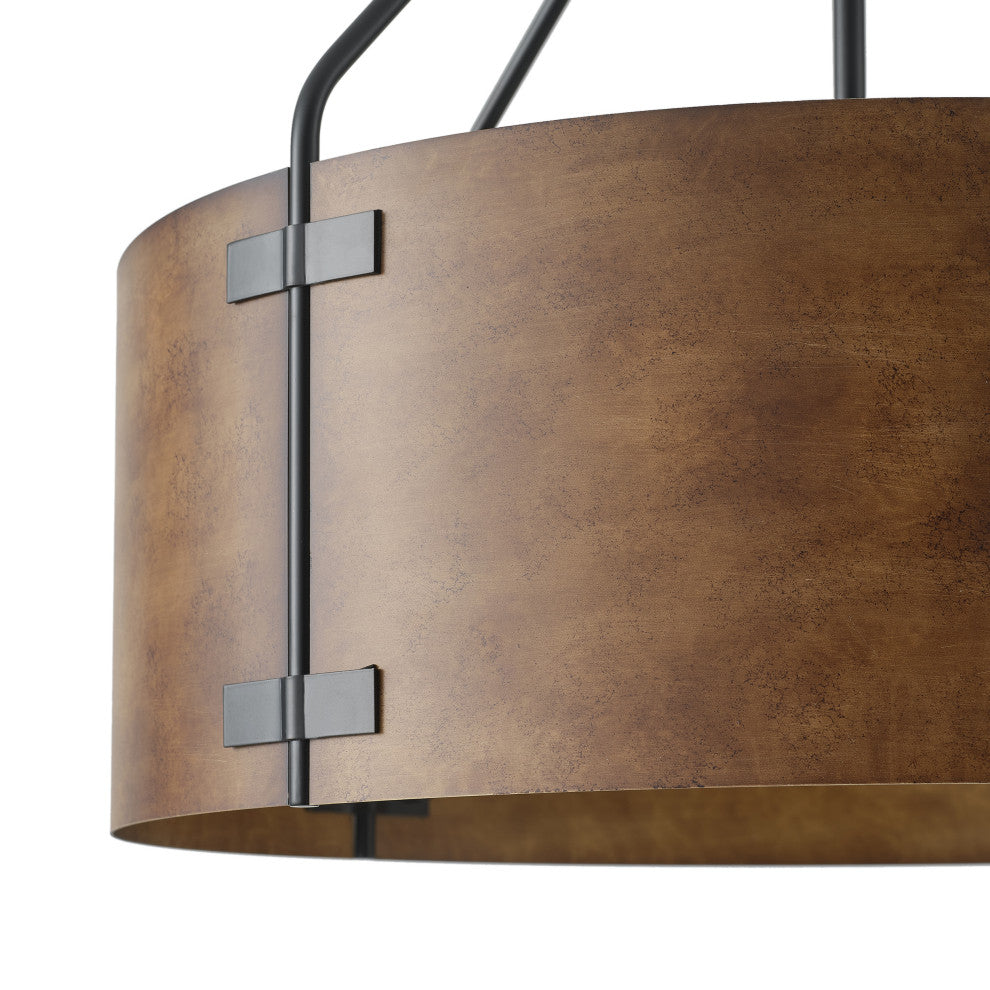 Matte Black 4-Light Metal Pendant Light With Brown Drum Shade