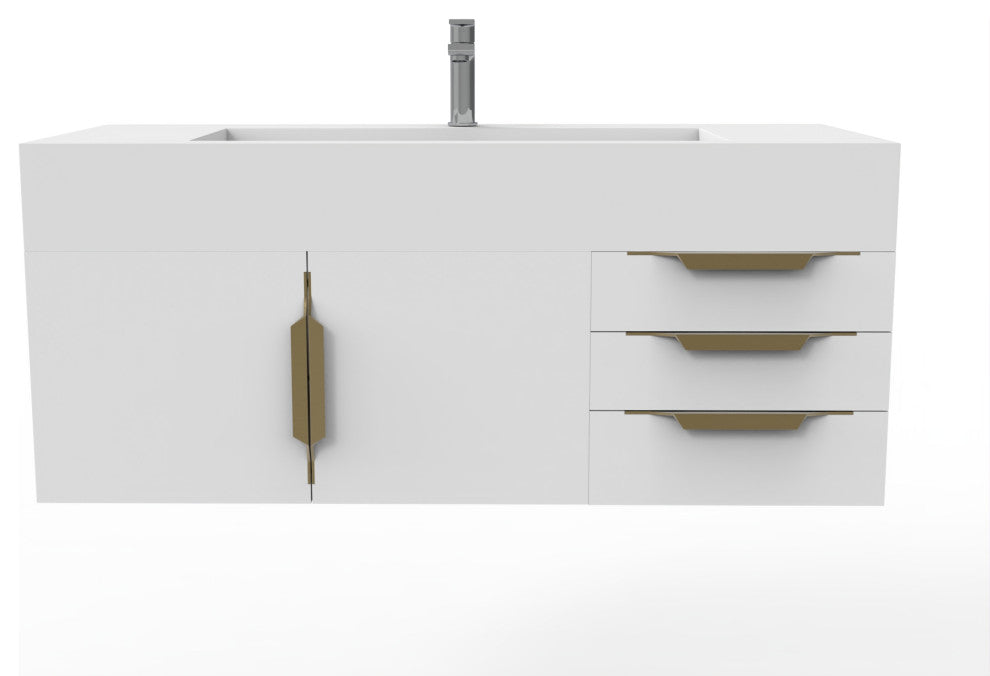 CastelloUSA Nile 48" Wall Mounted Vanity Set, White, White Top, Gold Handles