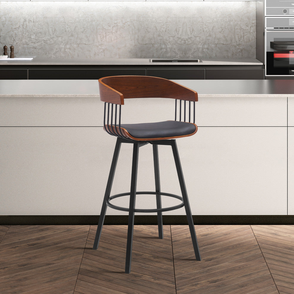Athena 27" Swivel Walnut Wood Counter Stool Black Faux Leather With Black Metal, 31