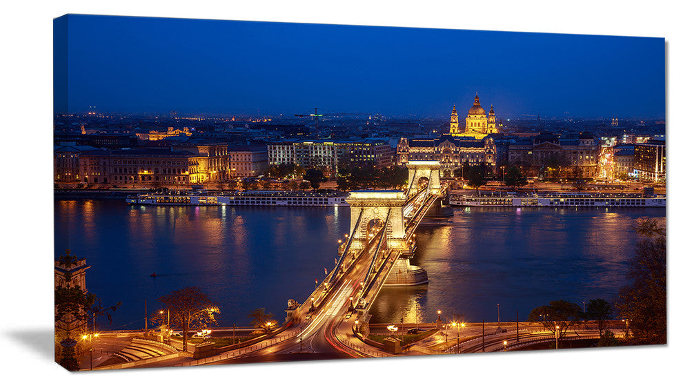 Illuminated Cain Bridge Budapest, Large Cityscape Canvas Art Print, 60"x28"