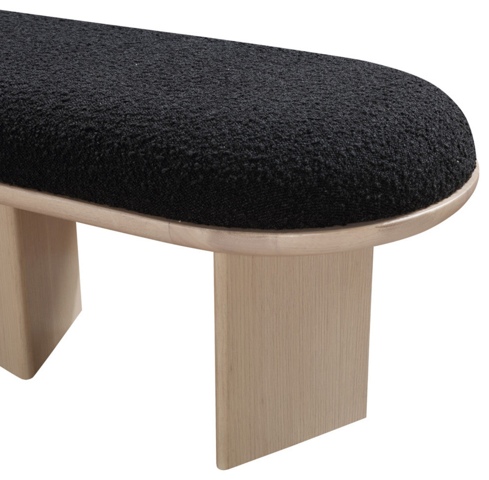 Wilshire Boucle Fabric Upholstered Bench, Black, Natural Oak Finish