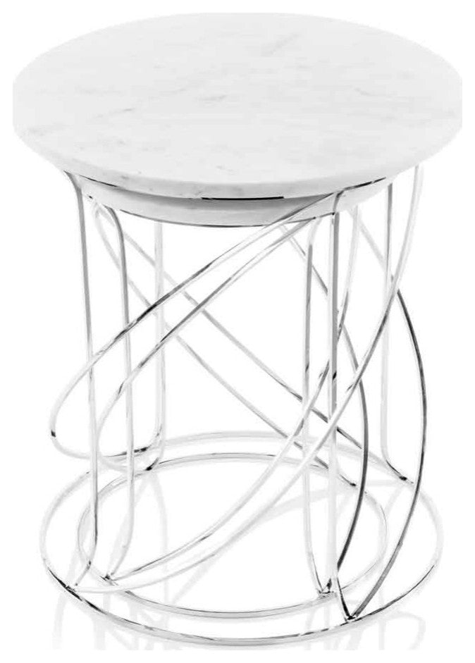 Nested White Marble Tables With Modern Spiral Base, 2-Piece Set