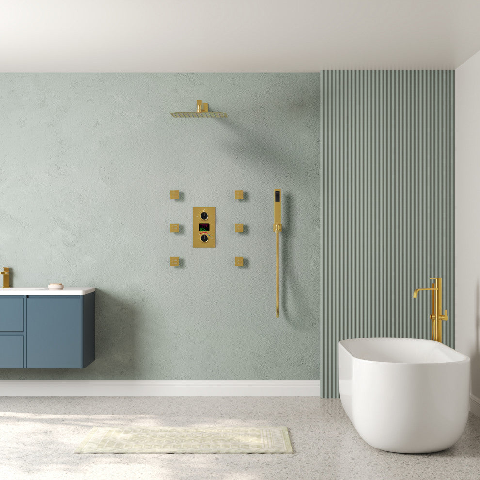 LED Temperature Digital Display Shower System With Body Jets, Brushed Gold, 12 Inches