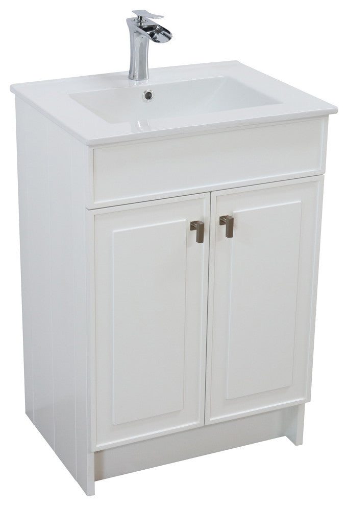 SmartFold 24" Single Sink Vanity, White With White Ceramic Top, Brushed Nickel