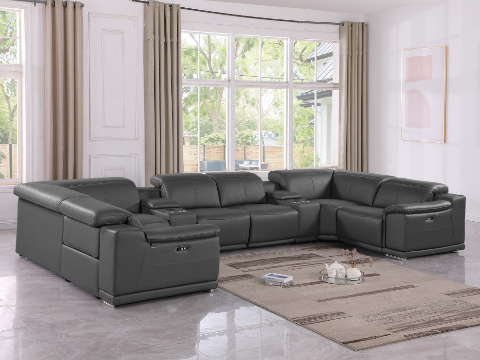 Federico 8-Piece Italian Leather U Sectional, 2 Power Recliners, Dark Gray