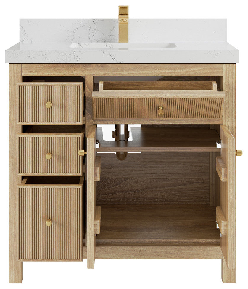 Sonoma 36 Center Sink Bath Vanity in Light Natural Teak with 2" Empira Quartz