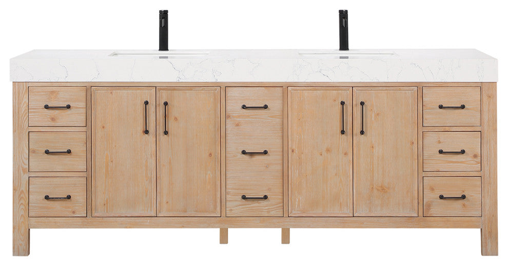 Leon Bath Vanity With Composite Stone Top, Fir Wood Brown, 84", No Mirror