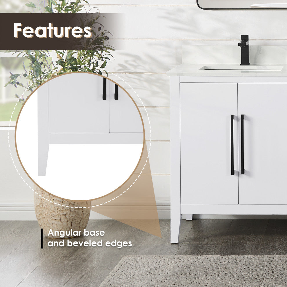 Laurel Bathroom Vanity with Calacatta White Quartz Stone Countertop, White, 72", Without Mirror