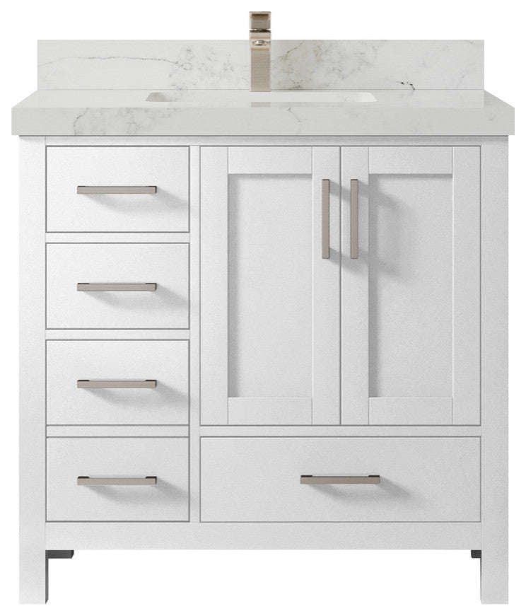 Malibu 36 Center Sink Bath Vanity in White  2" Calacatta Nuvo