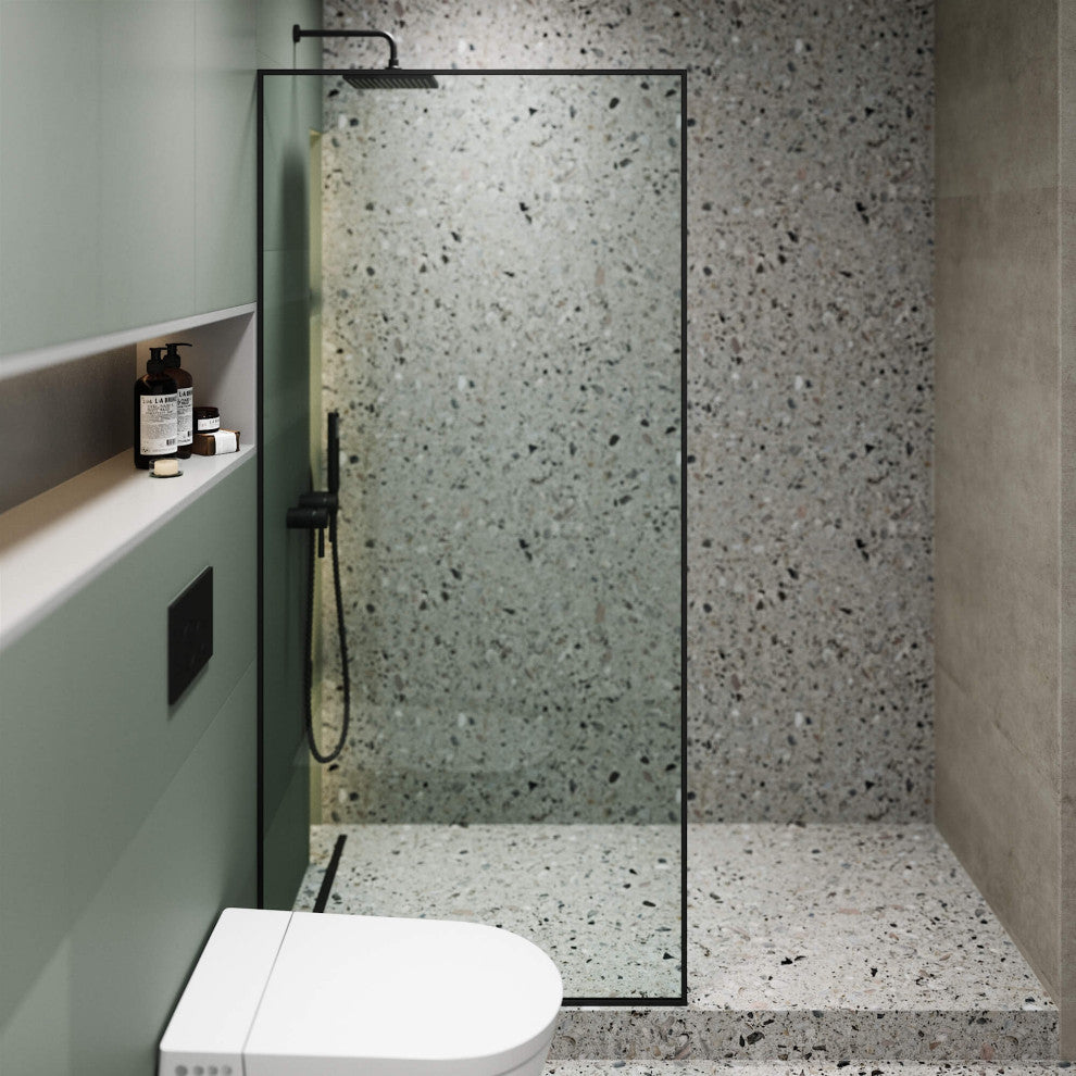 Single Fixed Glass Shower Panel - Clear Tempered Full Frame Shower Glass Door, Black, 34"
