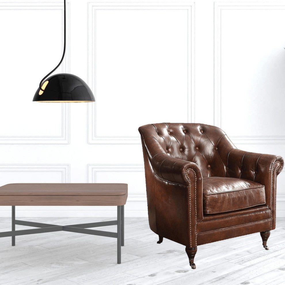 34" Top Grain Leather And Brown Tufted Chesterfield Chair