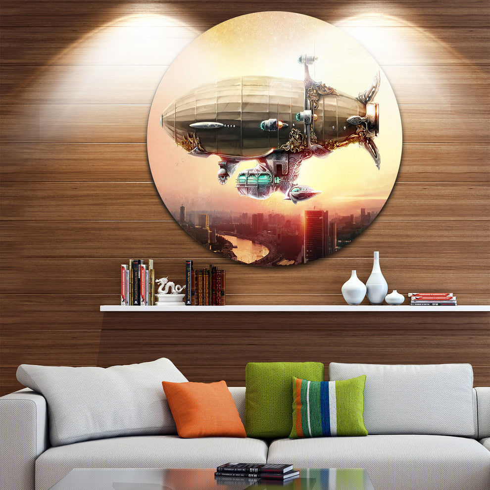 Dirigible Balloon In Sky Over City, Digital Round Wall Art, 11"