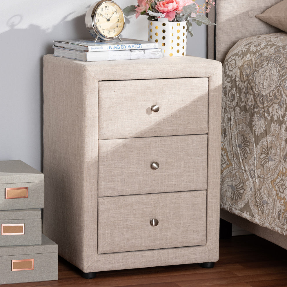 Tessa Modern and Contemporary Beige Upholstered 3-Drawer Nightstand