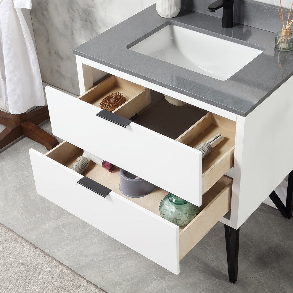 Helios Vanity With Gray Countertop, White, 30", No Mirror