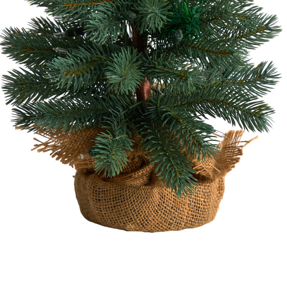3' Green Pine Faux Christmas Tree With 50 Warm White Lights Set, a Burlap Base