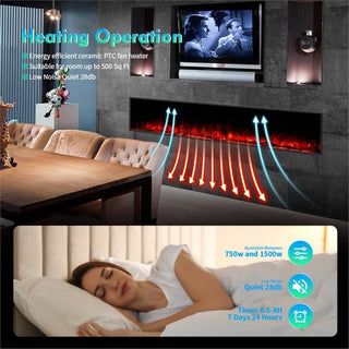 ALEXENT Recessed 96" black Electric Fireplace WiFi Remote Wall Mount Flame Color