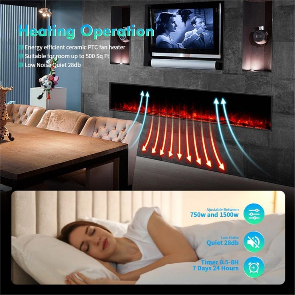 ALEXENT Recessed 96" black Electric Fireplace WiFi Remote Wall Mount Flame Color