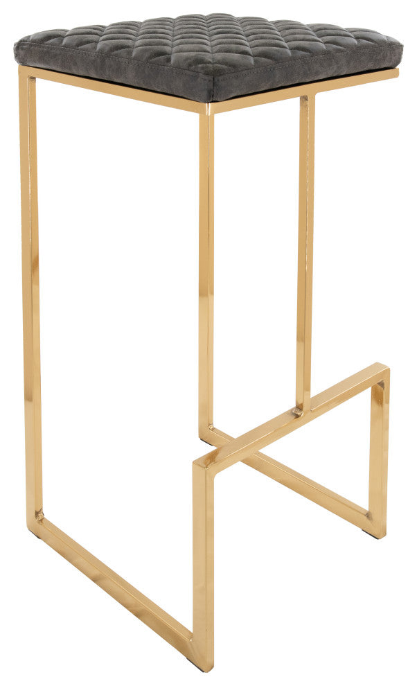 Quincy Leather Barstool Square Seats and Gold Metal Frame, Gray