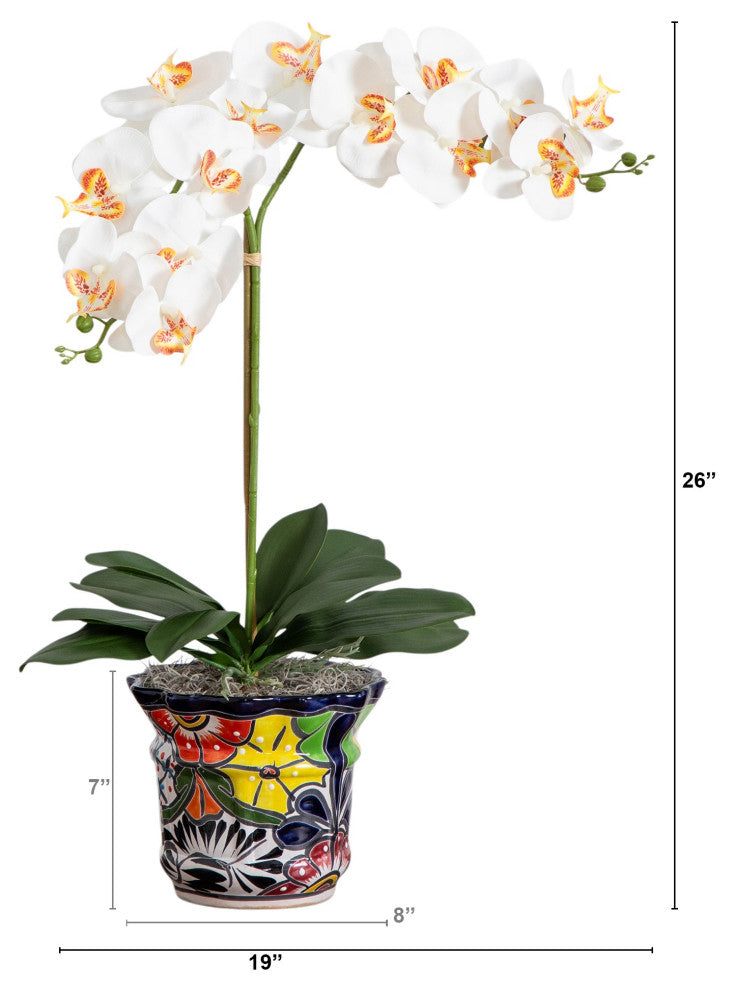 26in Faux Double Orchid Arrangement, Handmade Mexican Talavera Ceramic Planter