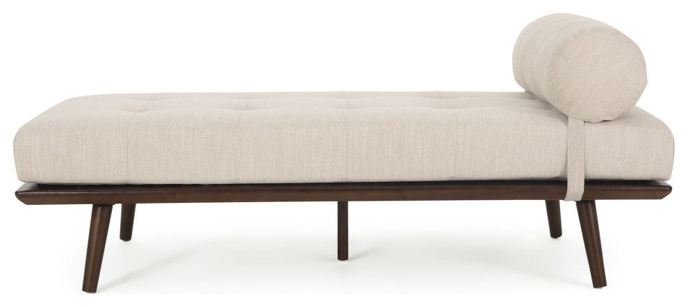 Lancer Mid Century Modern Tufted Chaise Lounge & Pillow, Beige/Natural Walnut