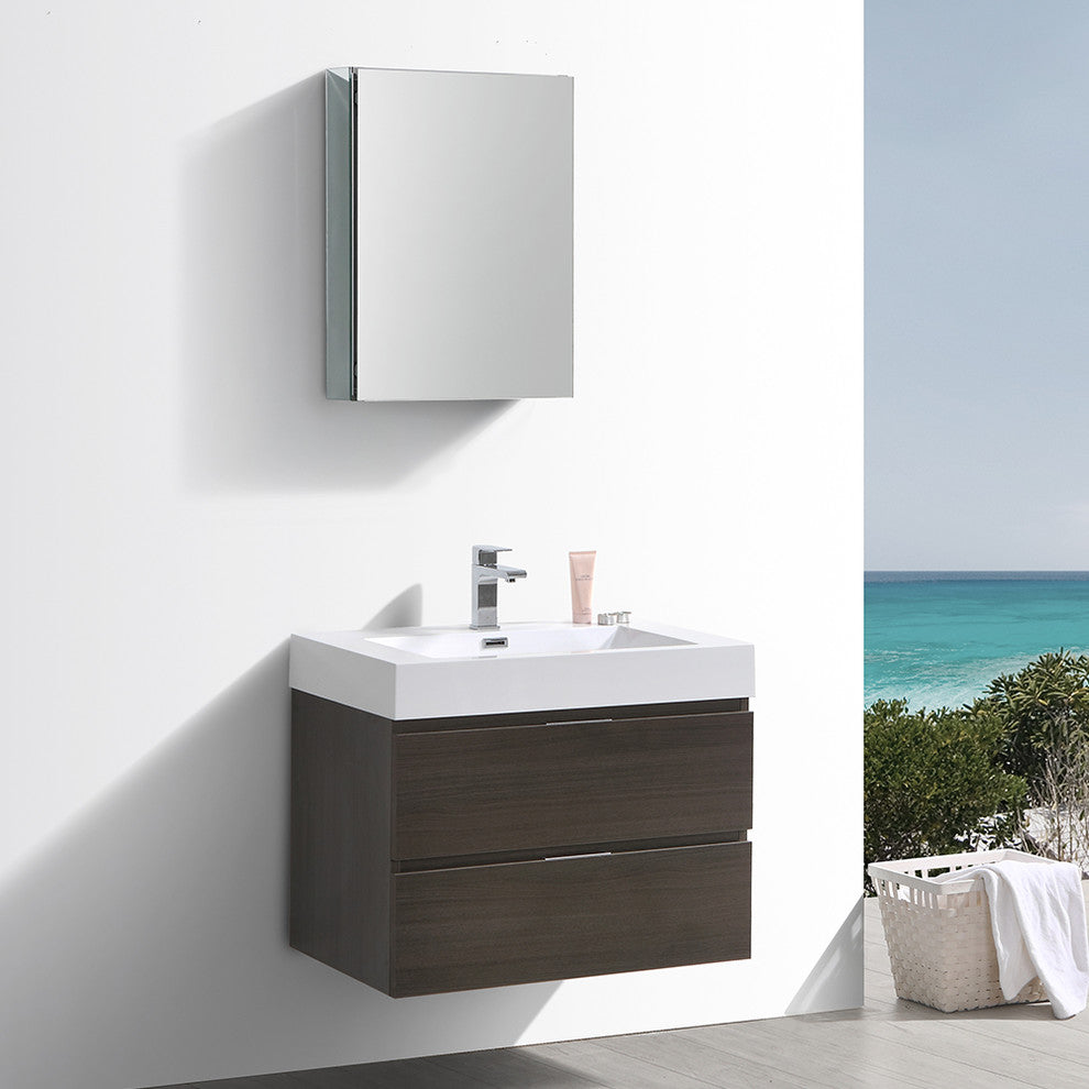 Valencia 30" Gray Oak Wall Hung Bathroom Vanity Set, Cabinet, Faucet, FFT9151BN