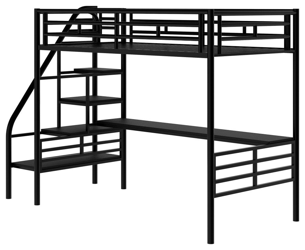 Gewnee Metal Loft Bed Frame with Desk, No Box Spring Needed,Twin,In Black