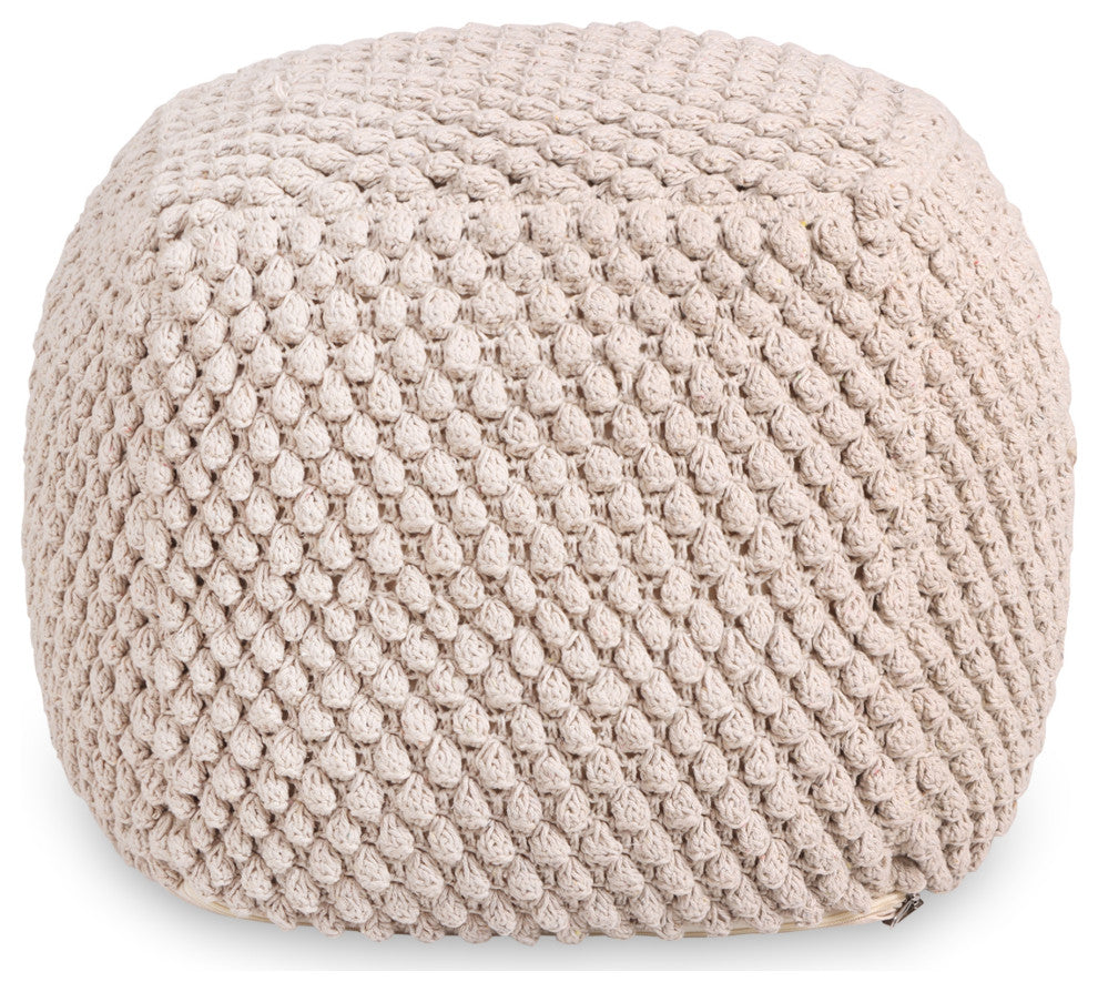 Loft Lyfe Theodora Ottoman, Hand Knitted, Cotton Yarn, Ivory