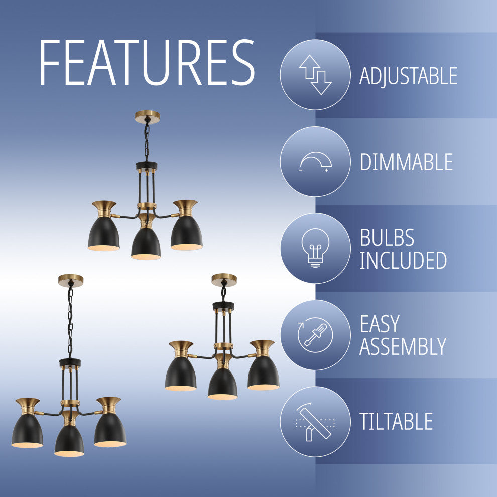 Edison Metal LED Pendant, Black, Brass Gold, Width: 20"