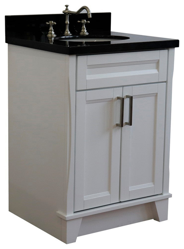 25" Single Sink Vanity, White Finish With Black Galaxy Granite And Oval Sink