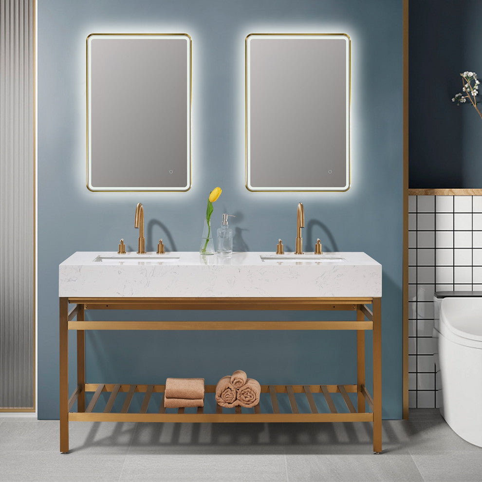 Merano Stainless Steel Vanity Console With Aosta White Stone Countertop, Brushed Gold, 60", With Mirror