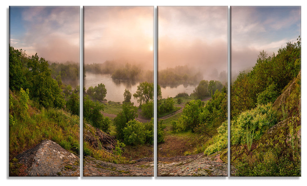 "Rising Above the River Mist" Landscape Photo Wall Art, 4 Panels, 48"x28"
