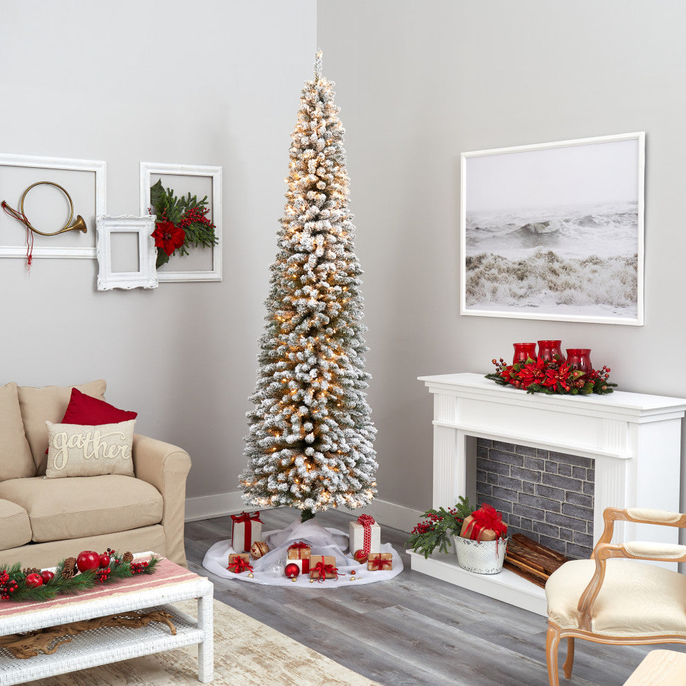 9' Flocked Pencil Faux Xmas Tree With 600 Clear Lights and 896 Bendable Branches