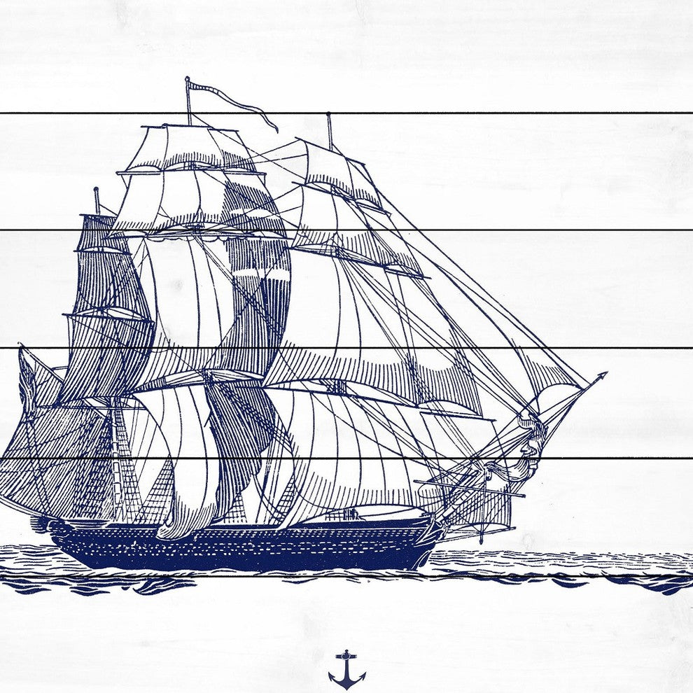 "Blue Ship" Painting Print on White Wood