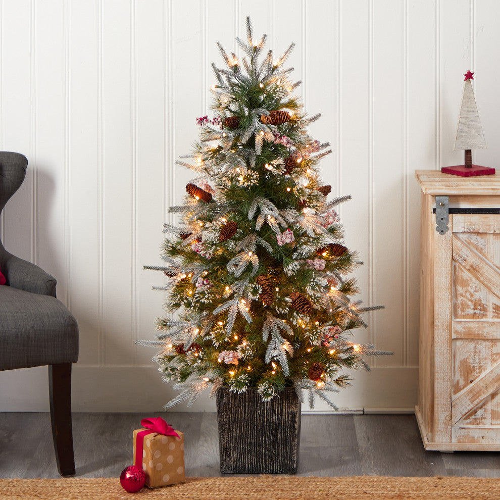 4' Frosted Faux Xmas Tree Pre-Lit With 105 lights & Berries, Decorative Planter