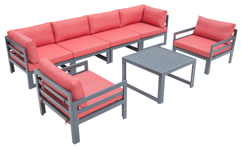 LeisureMod Chelsea 7-Piece Patio Sectional With Coffee Table, Red