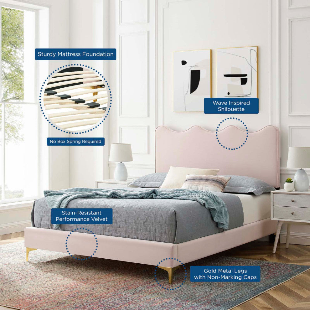 Platform Bed Frame, Queen Size, Pink, Velvet, Modern, Bedroom Guest Suite