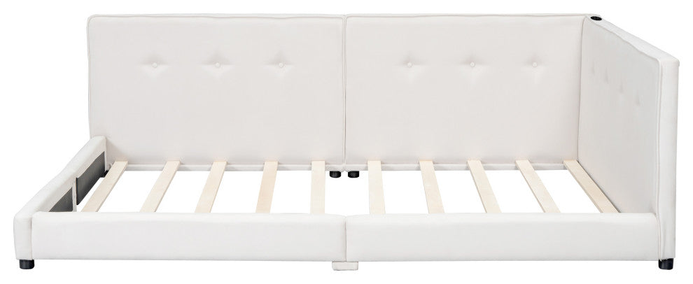 Gewnee Upholstered Queen Size platform bed with USB Ports, Beige