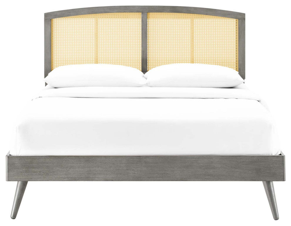 Platform Bed Frame, Full Size, Wood, Gray, Modern Mid-Century, Bedroom