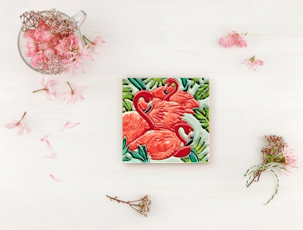4x4" Three Flamingos Art Tile Ceramic Drink Holder Coaster