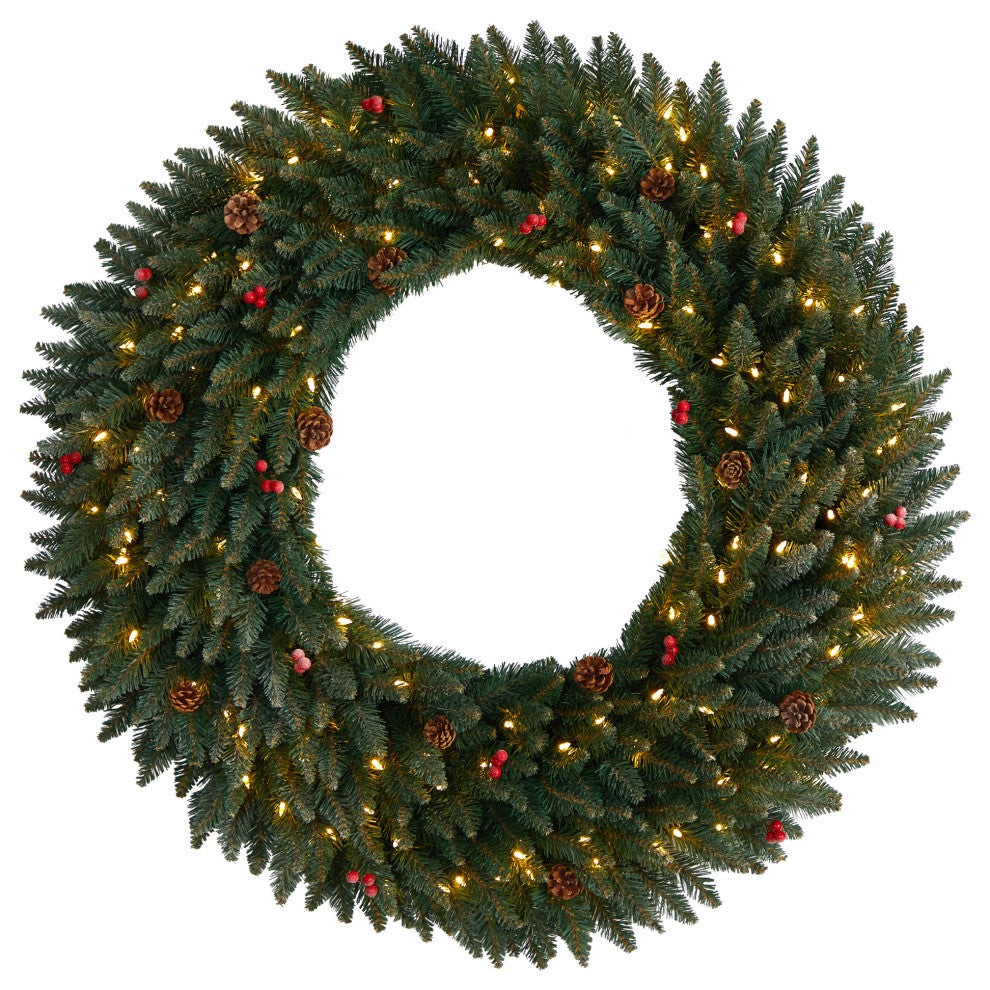 4' Large Flocked Faux Xmas Wreath W/Pinecones, Berry, Lights & Bendable Branches