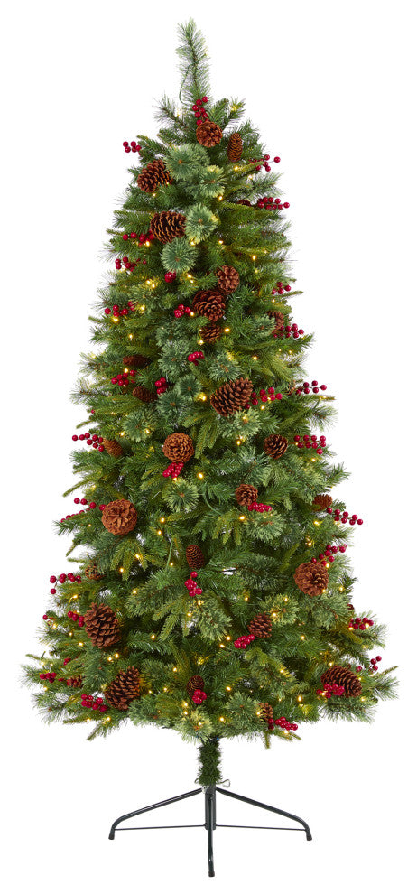 6.5' Norway Mixed Pine Faux Xmas Tree With 350 Clear Lights, Pinecones & Berries