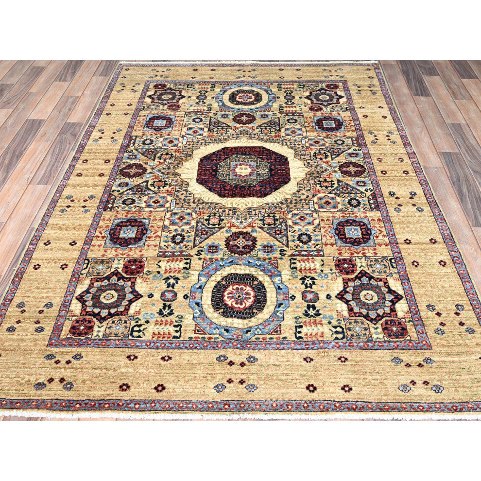 White, Hand Knotted, Natural Wool, Mamluk Design, Oriental Rug, 5'x7'