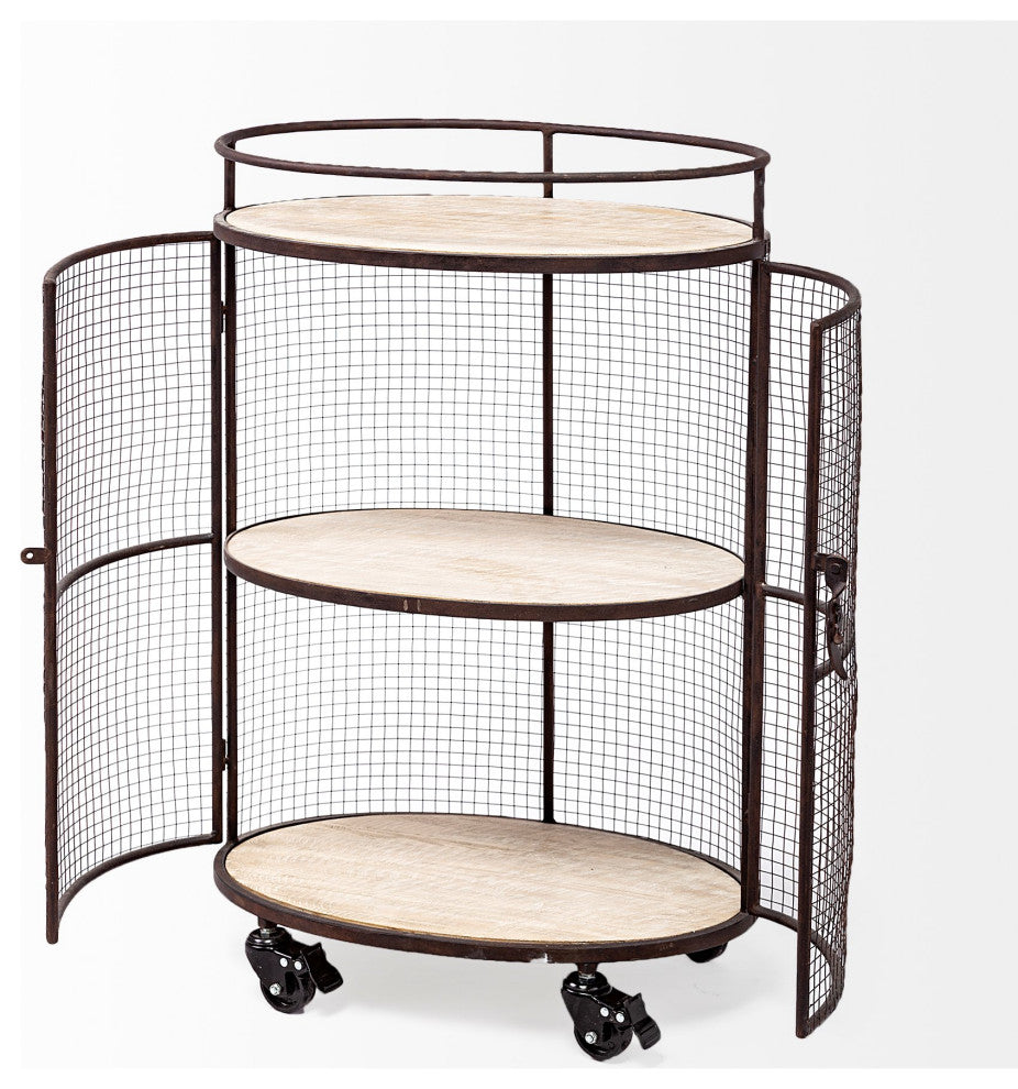 Saluti II Black Metal Oval Caged Frame w/ 3 Wood Shelves Bar Cart