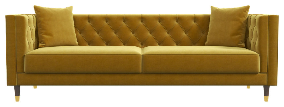 Lewis Mid-Century Modern Luxury Tufted Velvet Sofa, Mustard Yellow