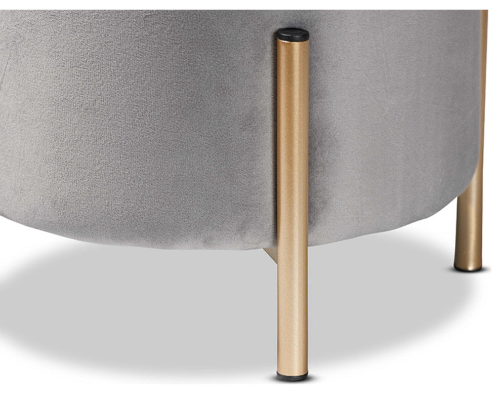 Thurman Gray Velvet Fabric Upholstered and Gold Finished Metal Ottoman